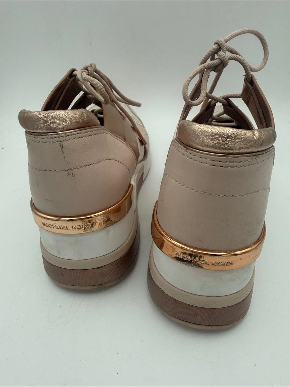 Michael Kors MK Beckett wedge trainer sneakers pink ballet, beige gold sz 8M